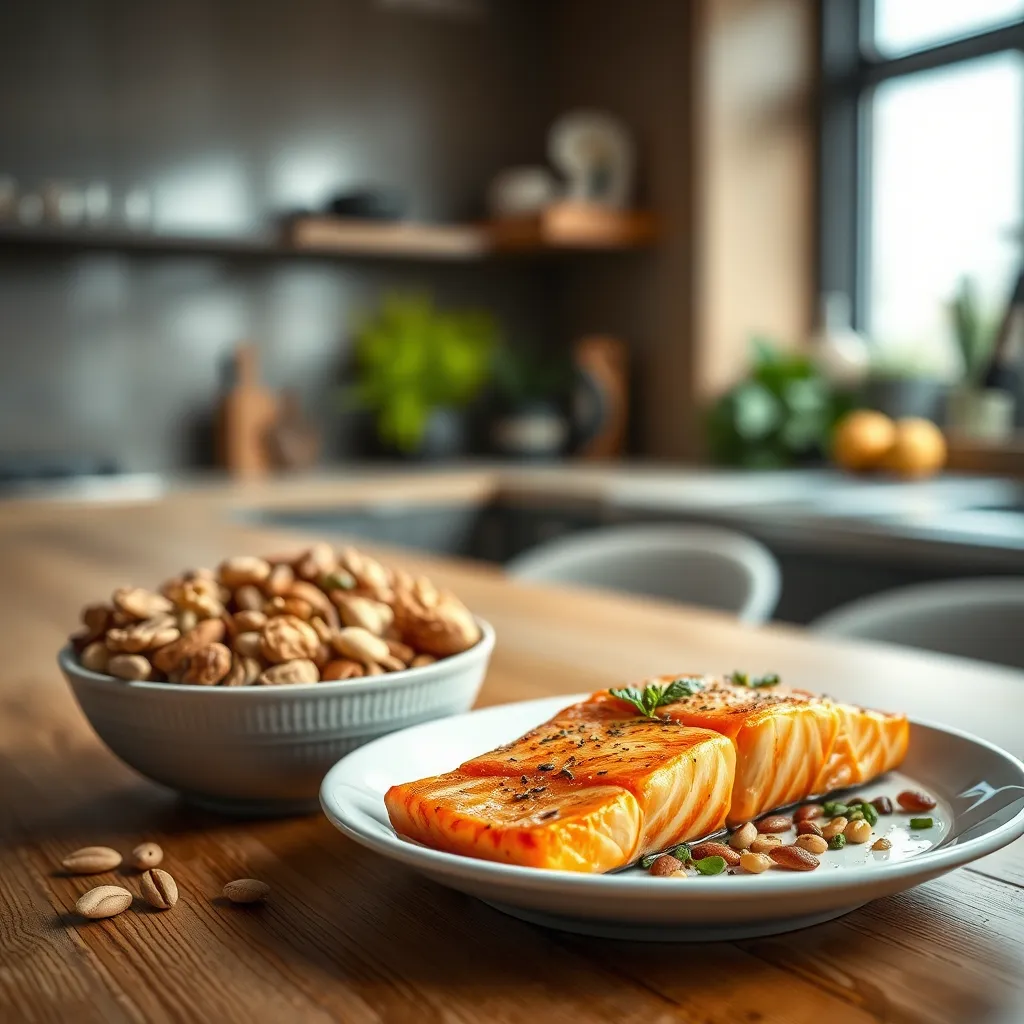 A close-up shot of a healthy breakfast spread featuring a bowl of mixed nuts and seeds beside a plate of grilled salmon, on a wooden table with a blurred background of a modern kitchen.