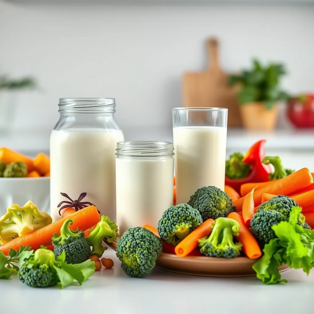 A high-quality image showing a variety of digestive-friendly superfoods, including a jar of yogurt, a glass of kefir, and a plate filled with colorful fibrous vegetables like broccoli, carrots, and bell peppers, set on a clean white kitchen counter.