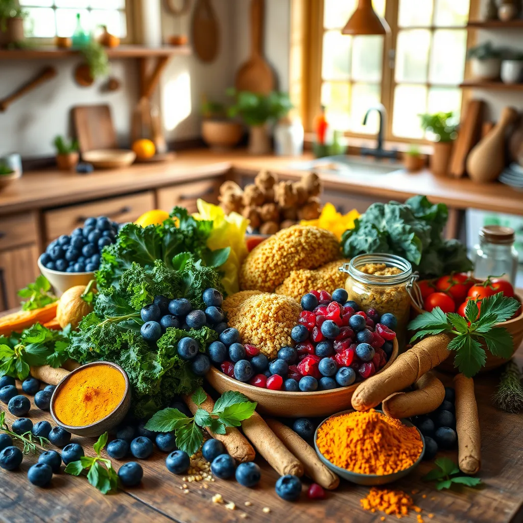 Create an ultra-high quality, photorealistic image of a variety of vibrant superfoods in a beautiful, rustic kitchen setting. Subjects include an array of colorful superfoods such as blueberries, kale, quinoa, and turmeric neatly arranged on a wooden table. The composition should be well-balanced, with each superfood clearly visible and distinguishable. Use soft diffused natural lighting streaming from a nearby window to create a warm, inviting atmosphere. The color palette should be rich and vibrant, emphasizing the natural colors of the superfoods. The camera angle should be a top-down view, showcasing the textures and details of each superfood. Include environmental elements like a rustic wooden table, fresh herbs, and small decorative jars. The style should be hyperrealistic, capturing every detail in 8K resolution, similar to the style of a high-end food photographer.