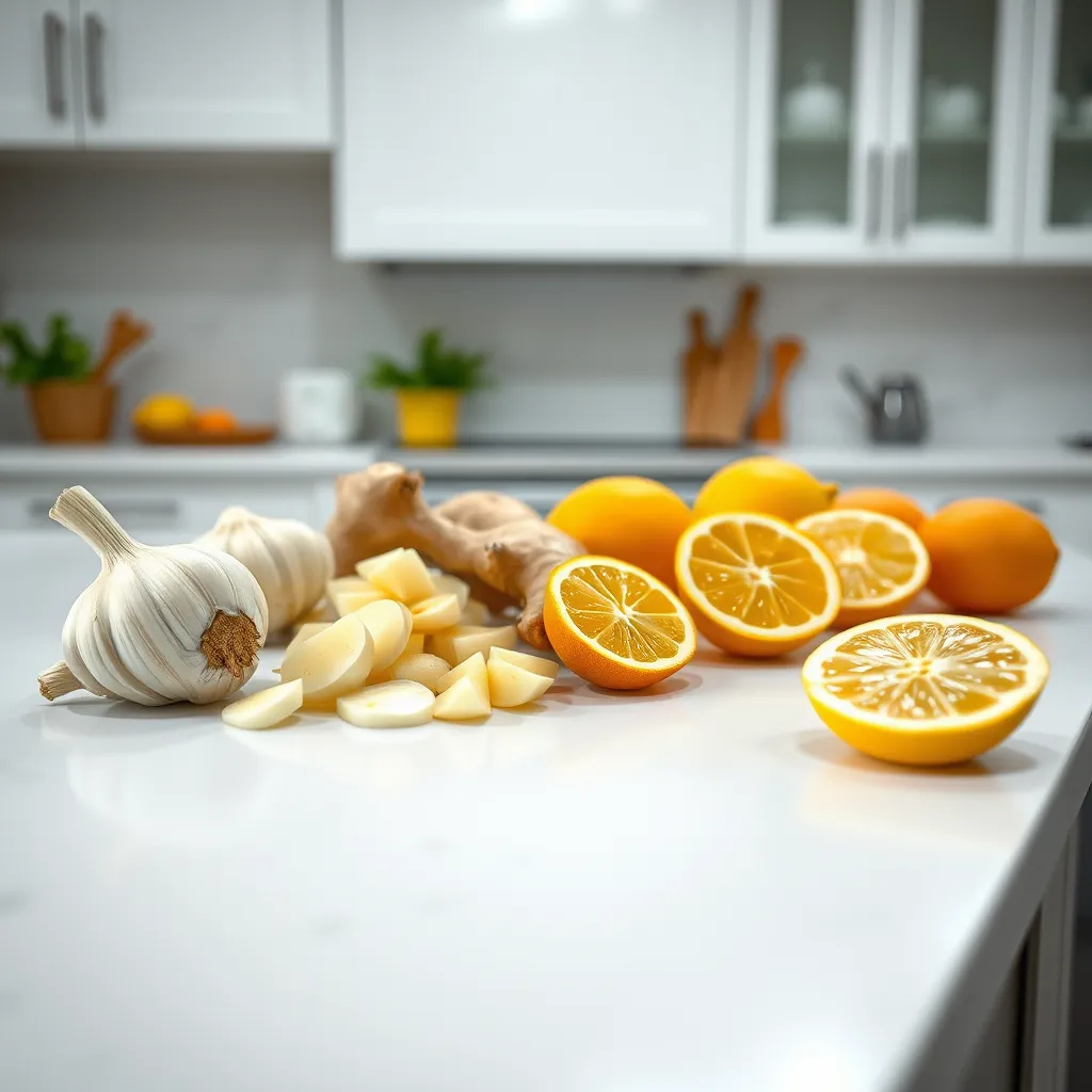 Freshly sliced garlic, ginger roots, and halved citrus fruits such as oranges and lemons, beautifully arranged on a clean white countertop. The setting is a well-lit kitchen.